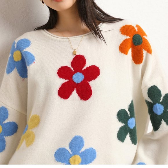 Light Luxury - Women's Embroidered Colorful Floral Cashmere Sweater - Picture 3 of 10
